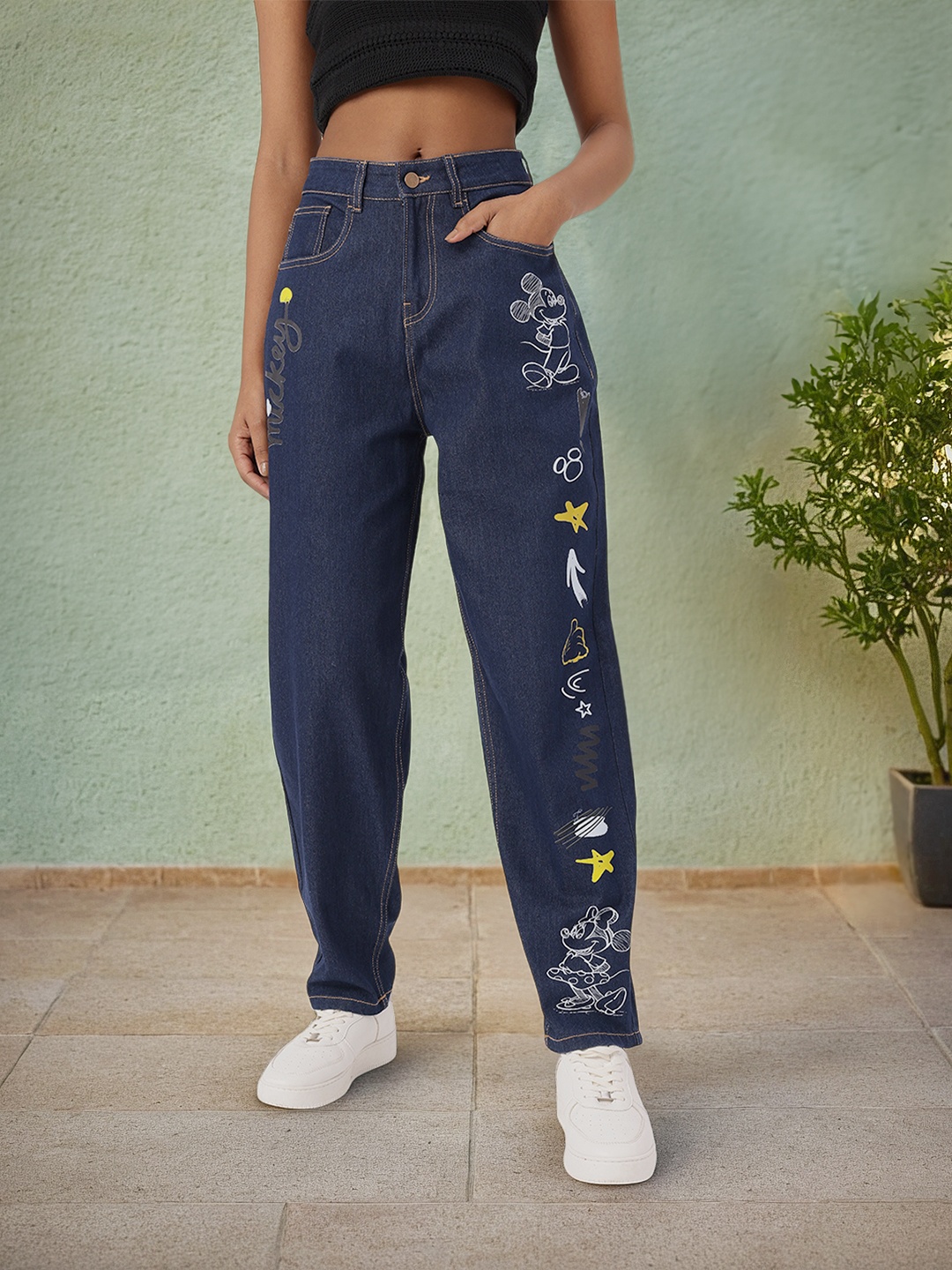 

DressBerry Women Soft Fuse Mickey Mouse Printed Slouchy Fit Jeans, Blue