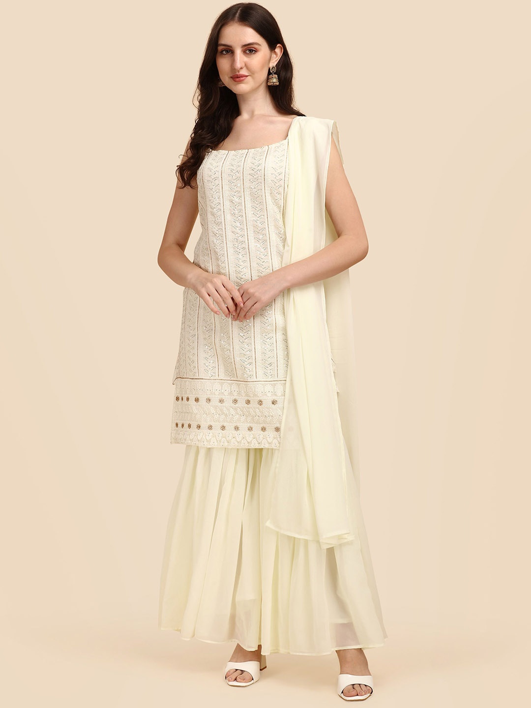 

ADENWEST Ethnic Motifs Embroidered Sequinned Kurti With Sharara & Dupatta, Cream