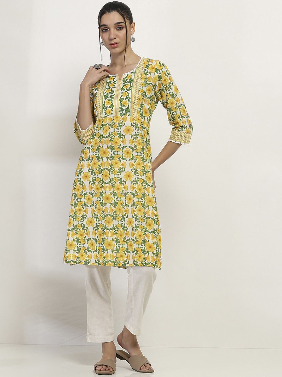 

Rangriti Floral Printed Notch--Neck Cotton Straight Kurta, White