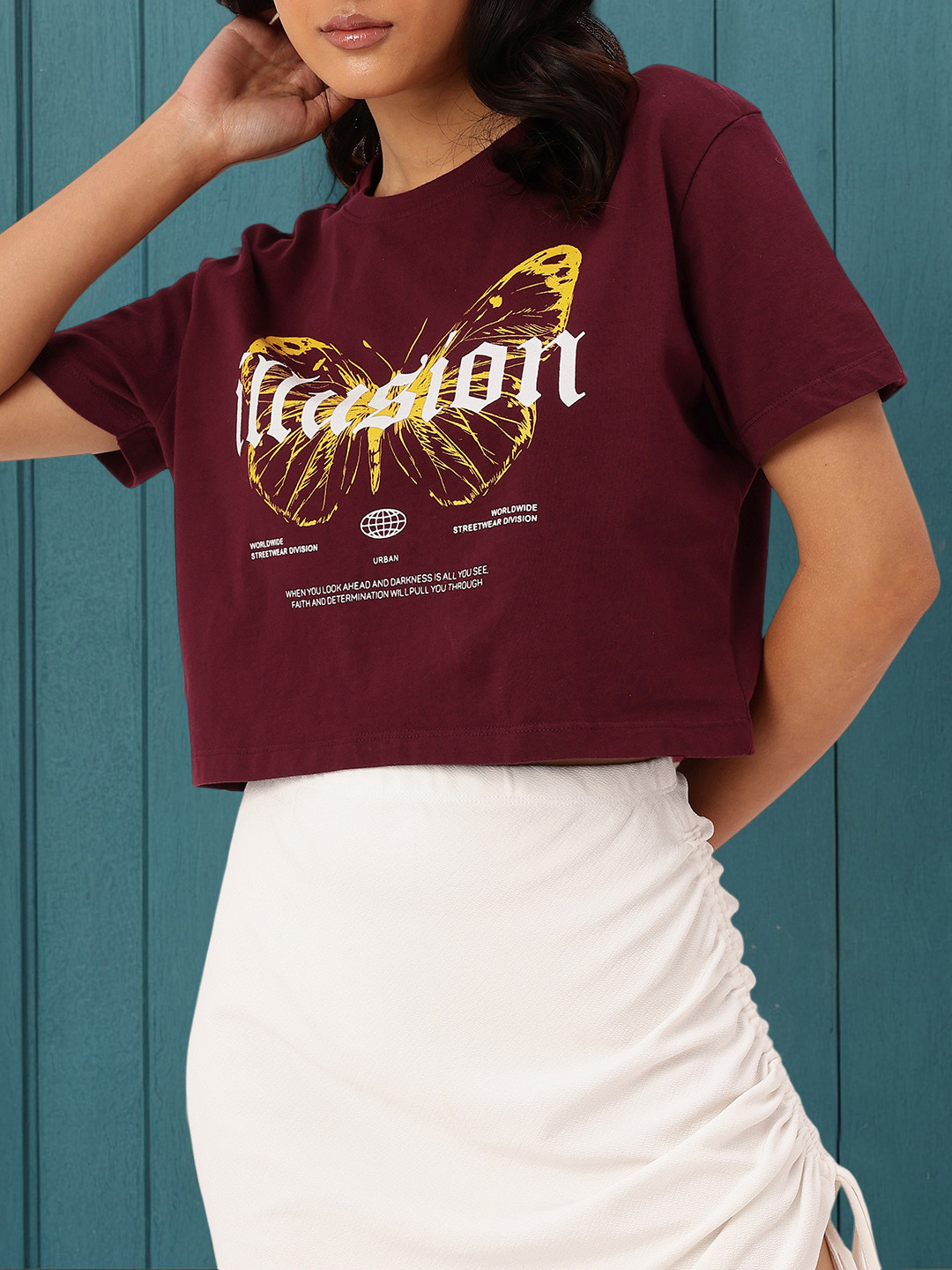 

DressBerry Dark Illusion Printed Boxy T-shirt, Maroon