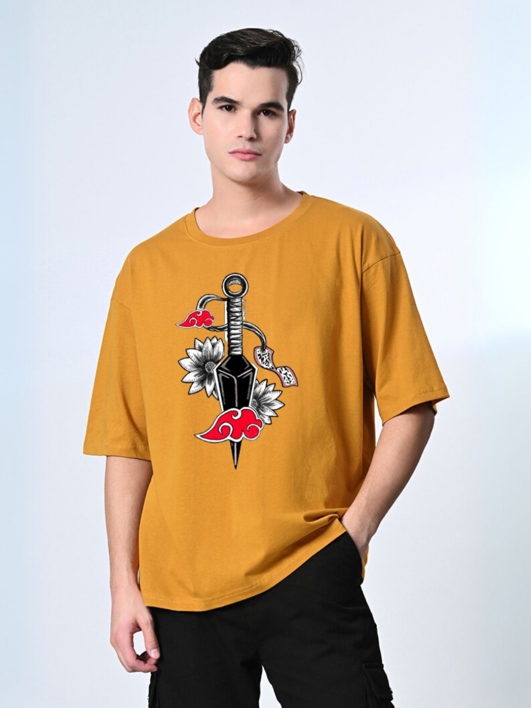 

OWL MINK Men Printed Drop-Shoulder Sleeves Pure Cotton Applique T-shirt, Mustard