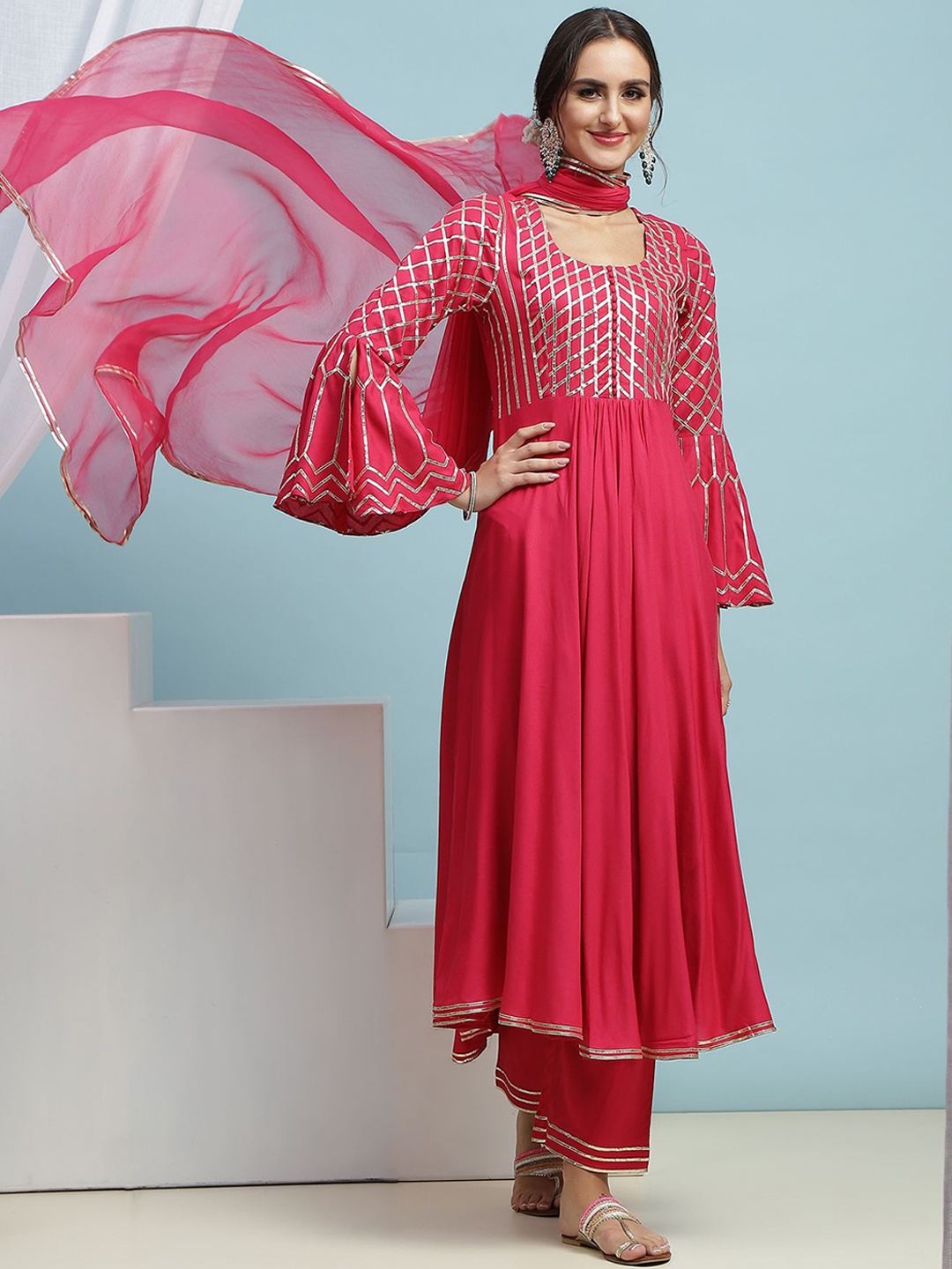 

Khushal K Women Printed Regular Kurta with Palazzos & With Dupatta, Pink