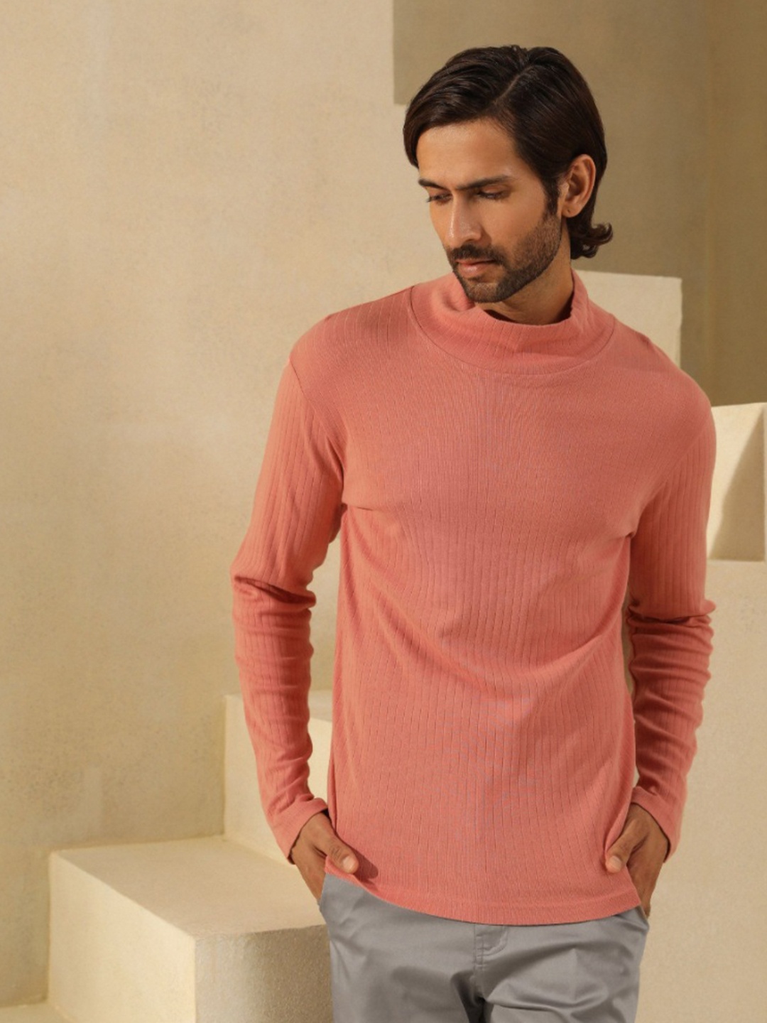 

PRIMAL GRAY Men High Neck Organic Cotton Pockets T-shirt, Coral