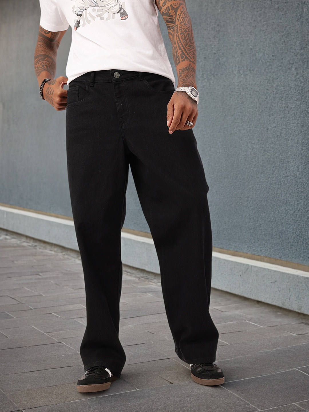

Kook N Keech Men Grunge Twist Loose Fit Stretchable Jeans, Black