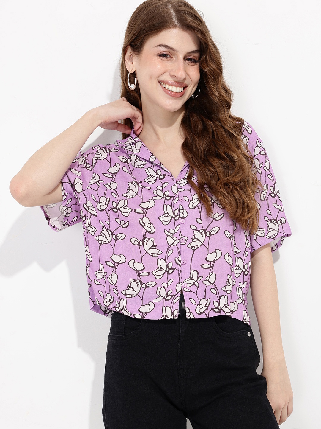 

DressBerry 3D Floral Blooms Boxy Crop Shirt, Purple