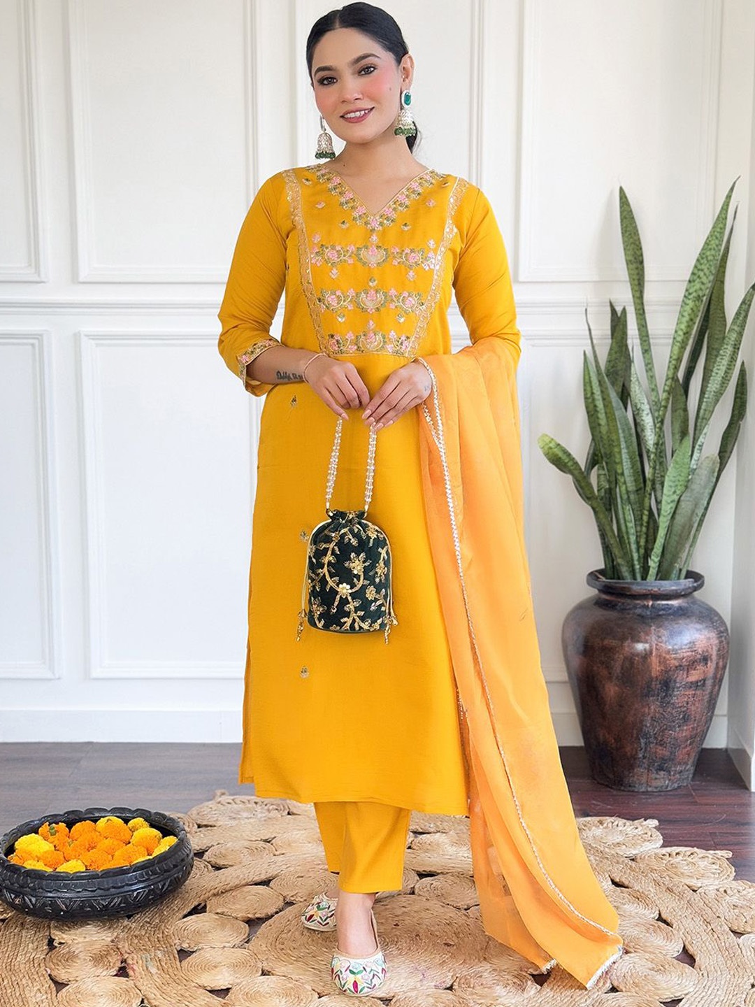 

Meena Bazaar Floral Embroidered V-Neck Straight Kurta With Trouser And Dupatta, Mustard