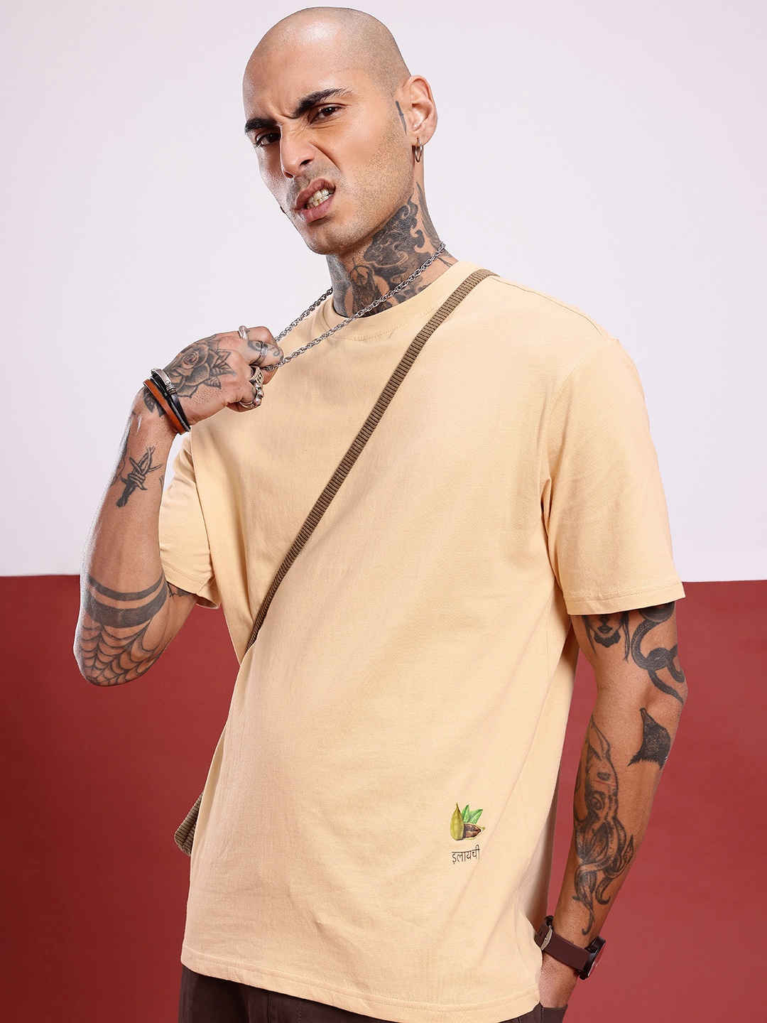 

glitchez Urban Essential Oversized Printed T-shirt, Beige