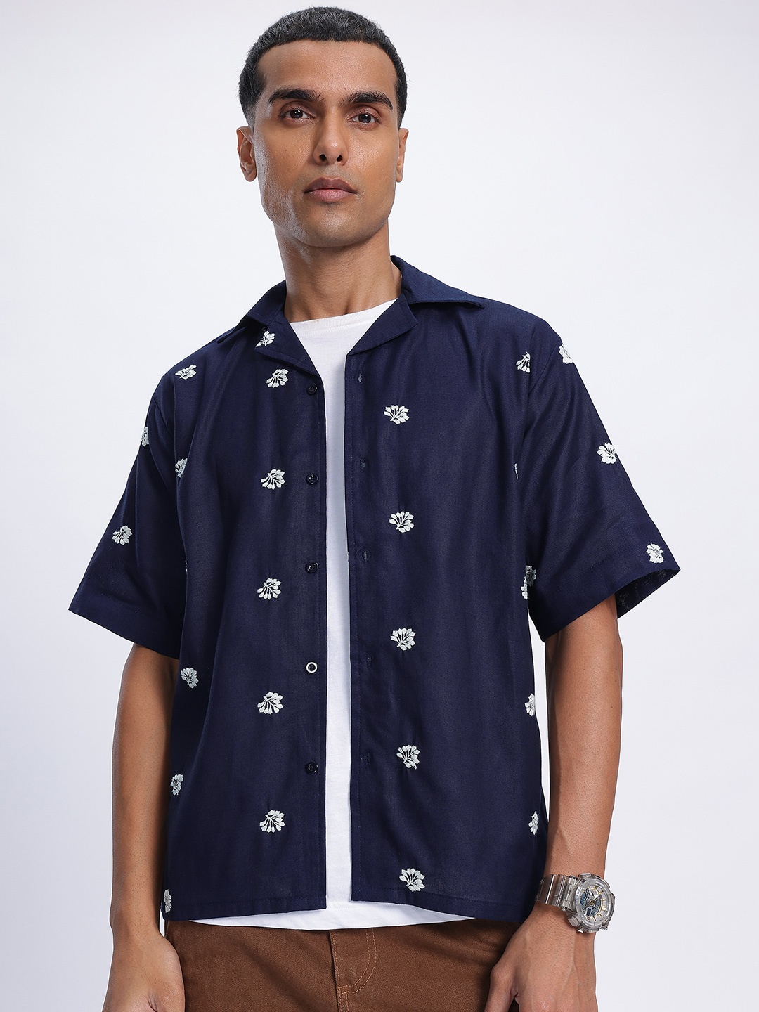 

glitchez Elevated Comfort Embroidered Drop-Shoulder Bowling Shirt, Navy blue