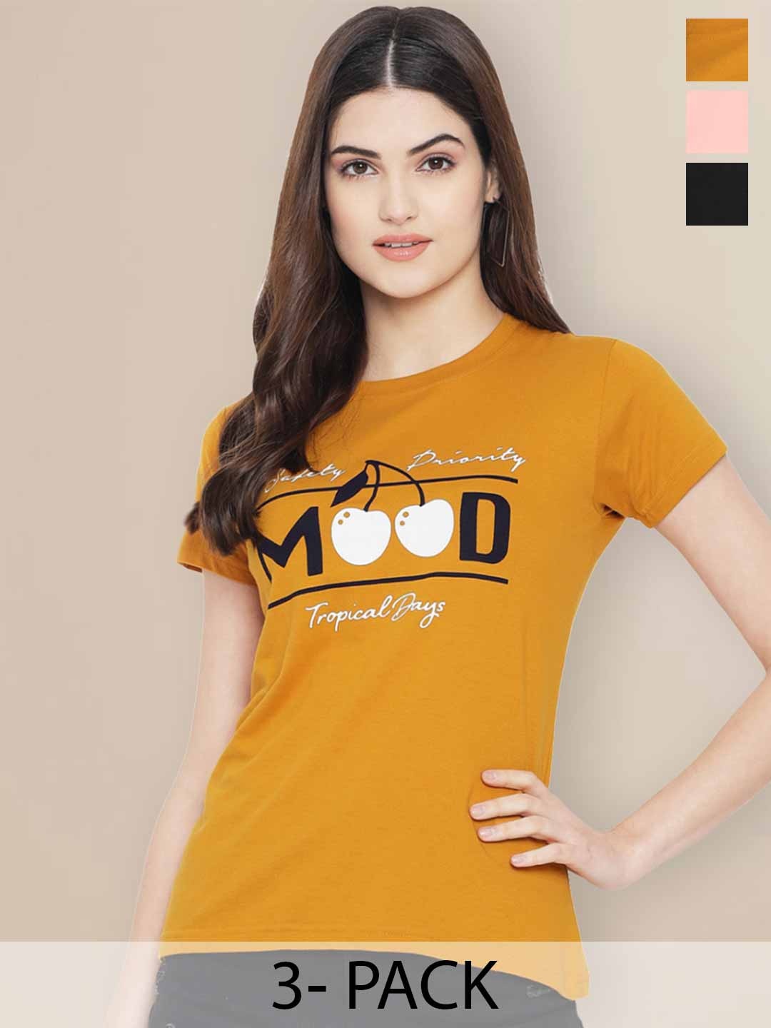 

Metronaut Women Pack of 3 Graphic Printed Round Neck Cotton T-shirts, Mustard