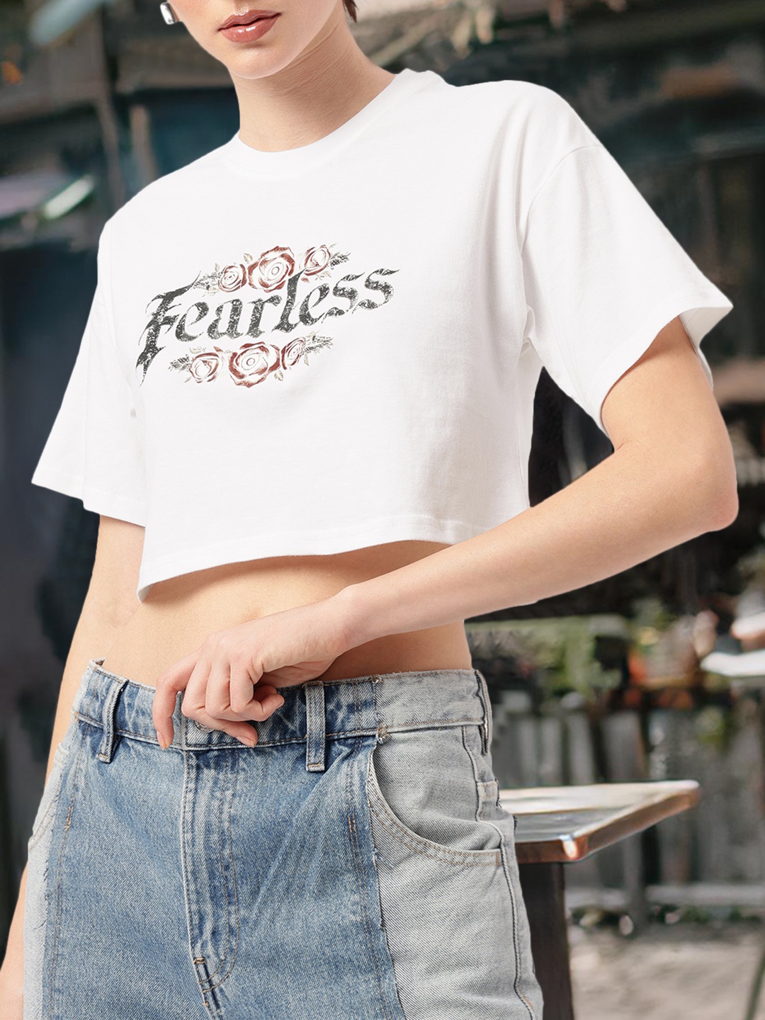 

DressBerry Fearless Edge Printed Boxy Fit Crop T-shirt, White