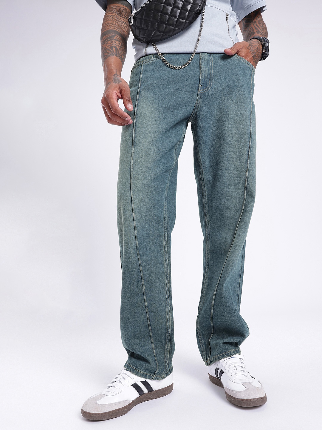 

glitchez Men Edgy Cool Straight Fit Heavy Fade Jeans, Blue