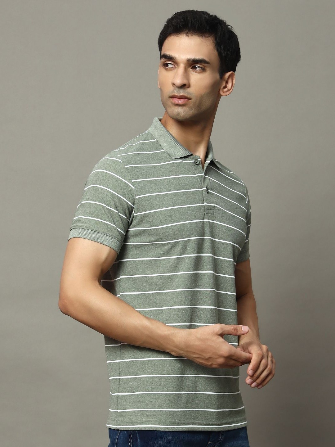 

OGEN Men Striped Polo Collar Pockets T-shirt, Olive