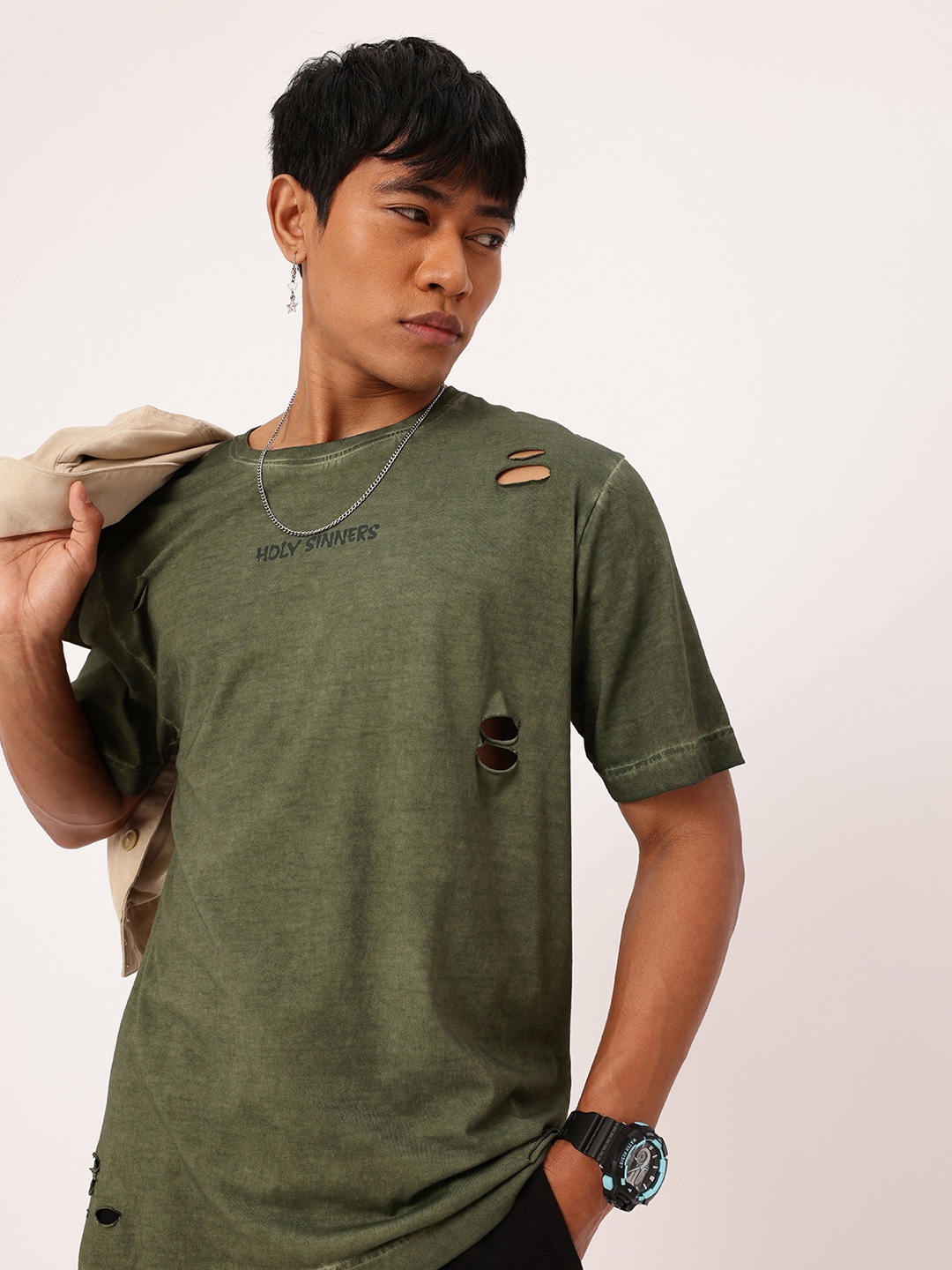

Kook N Keech Street Cool Printed Cut-Out Relaxed Fit T-shirt, Olive