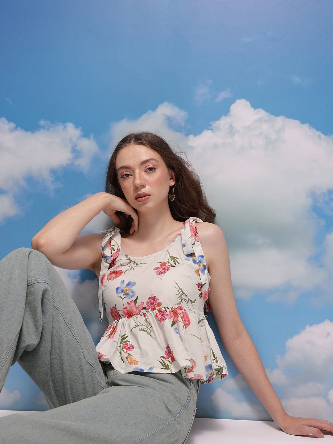 

CORSICA Floral Print Peplum Top, Off white