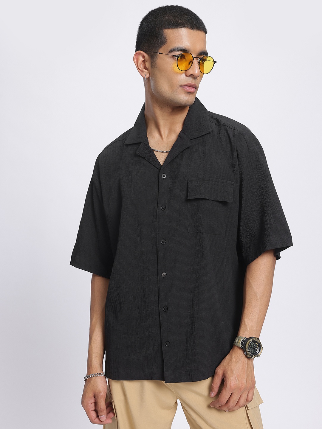 

glitchez Vibe Flex Textured Relaxed Shirt, Black