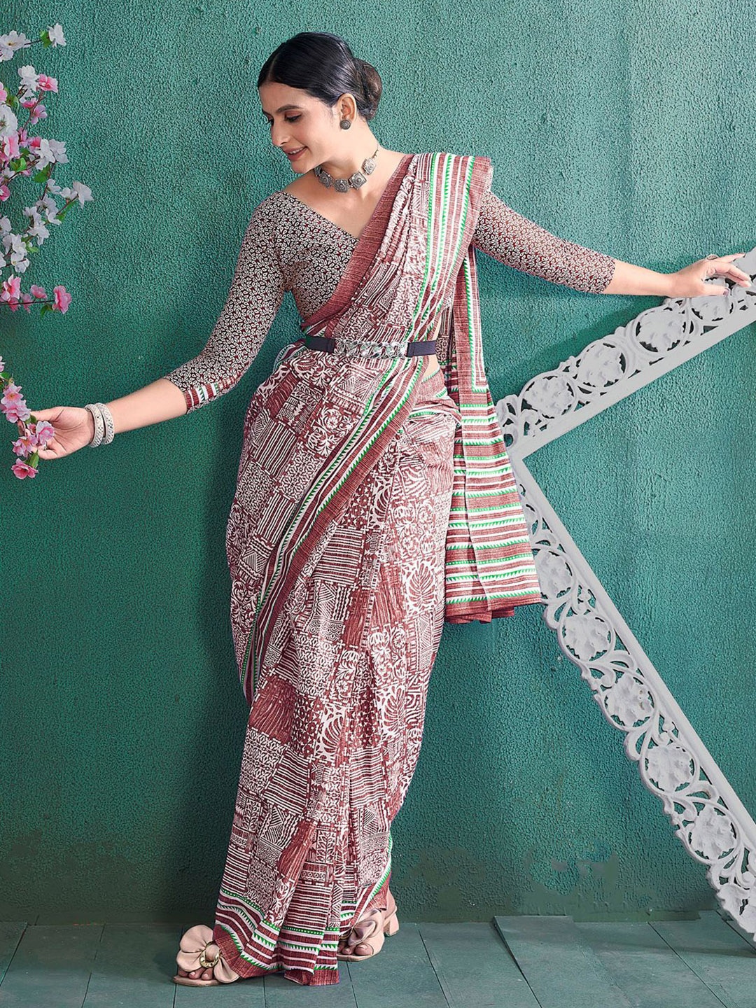 

Anouk Rustic Ethnic Motifs Bagru Saree, Brown
