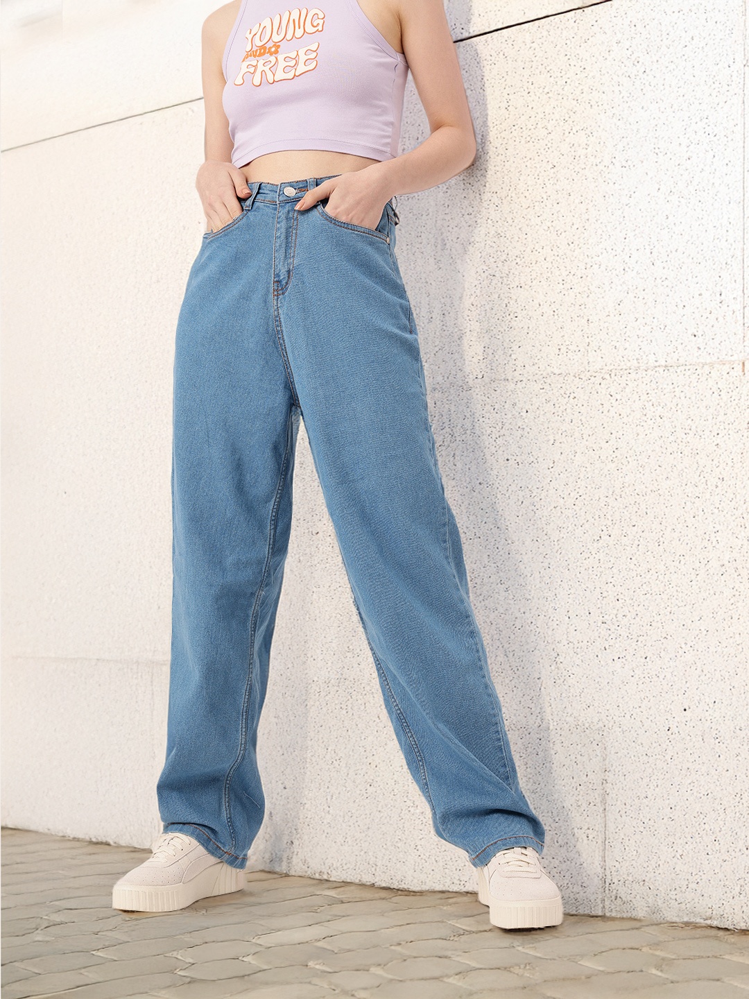 

The Roadster Life Co. Women Edgy Style Baggy Fit High-Rise Jeans, Blue