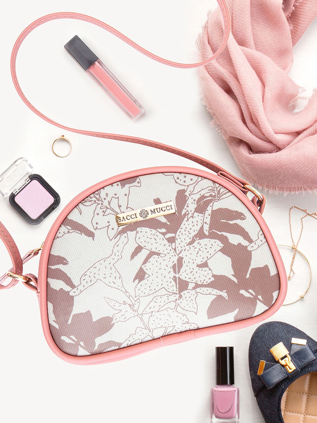 

Sacci Mucci Floral Printed Sling Bag with Bow Detail, Pink