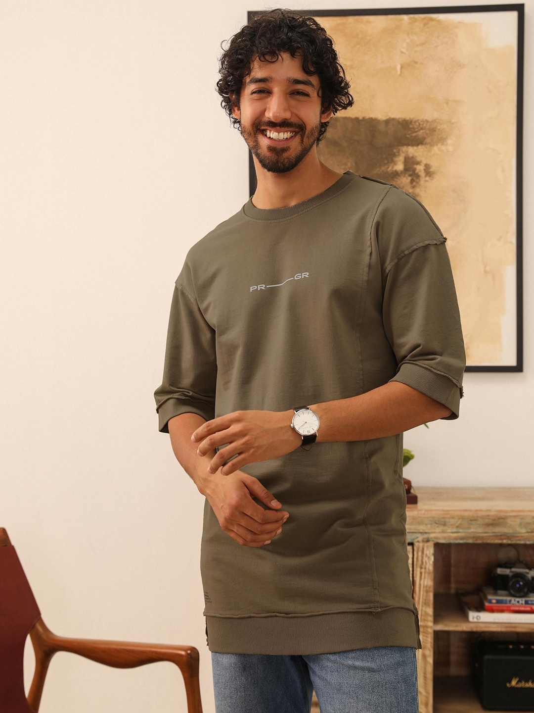 

PRIMAL GRAY Men Extended Sleeves Organic Cotton Pockets T-shirt, Taupe