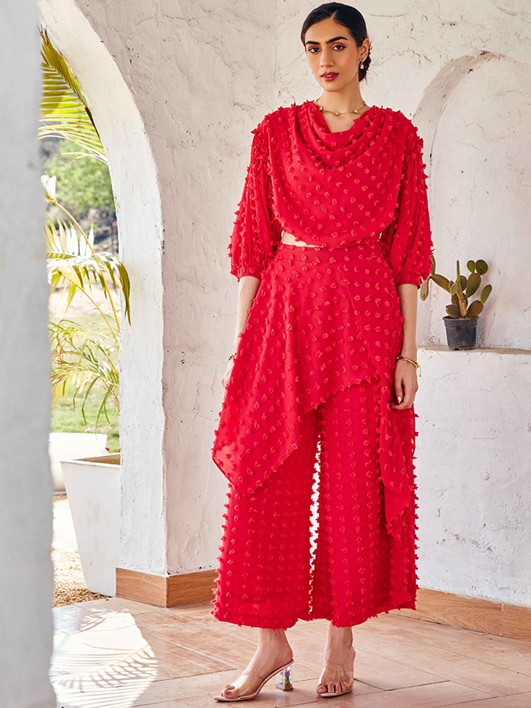 

HOUSE OF FETT Textured Cowl Neck Top With Drape Trousers, Red