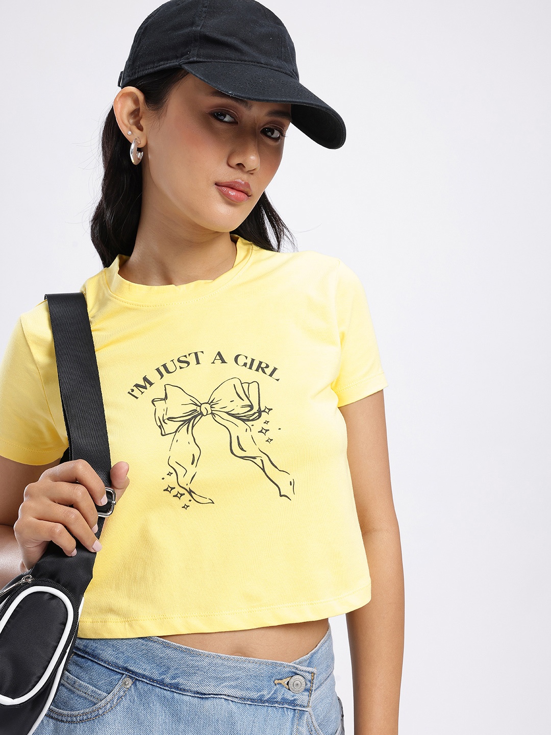 

DressBerry Chic Glam Printed Boxy Crop T-shirt, Yellow