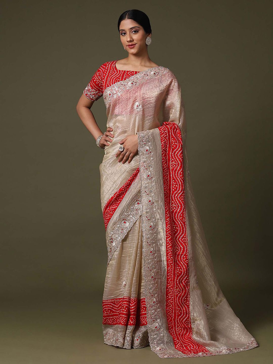 

Saree mall Floral Embroidered Tissue Sarees, Cream