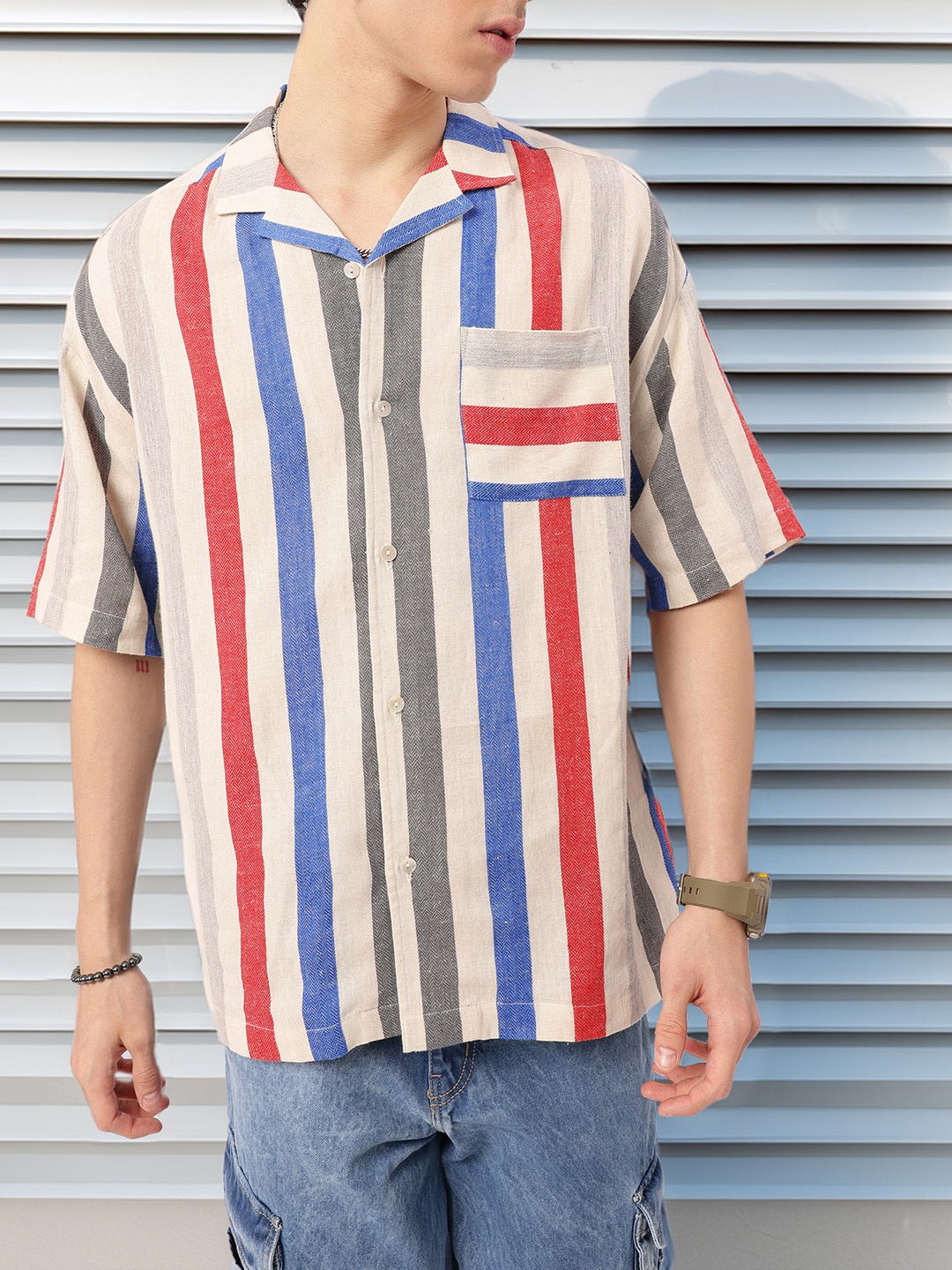 

Kook N Keech Fun-Filled Vacation Striped Cuban Collar Oversized Shirt, Multi