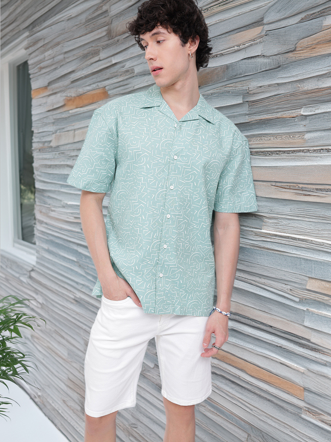 

Kook N Keech Effortless Cool Geometric Printed Pure Cotton Cuban Collar Shirt, Blue