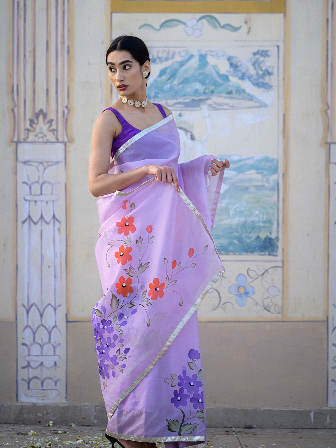 

HOUSE OF BAISA Floral Organza Saree, Purple