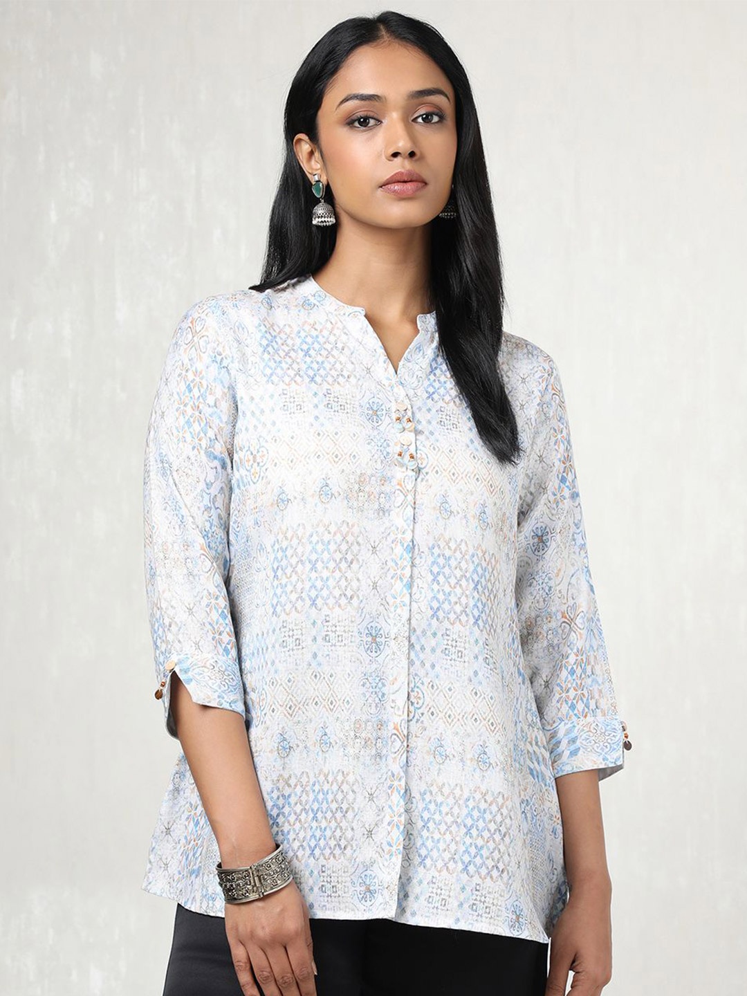 

Soch Linen Mandarin Collar Printed Tunic, Cream