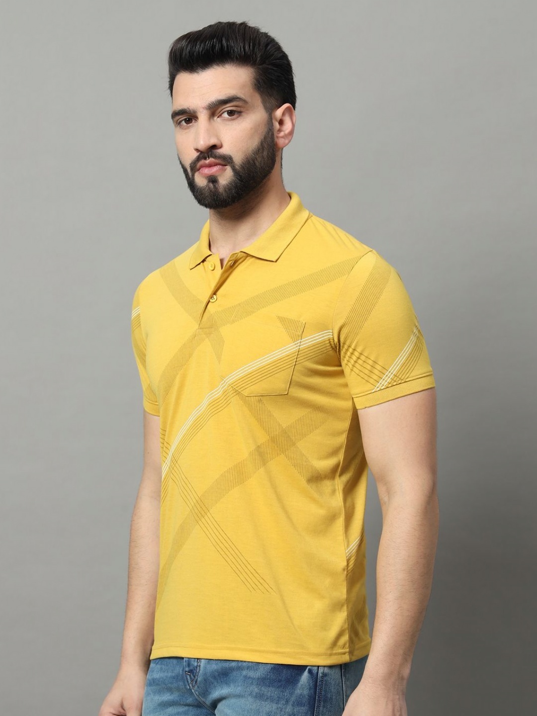 

OGEN Men Printed Polo Collar Pockets T-shirt, Mustard