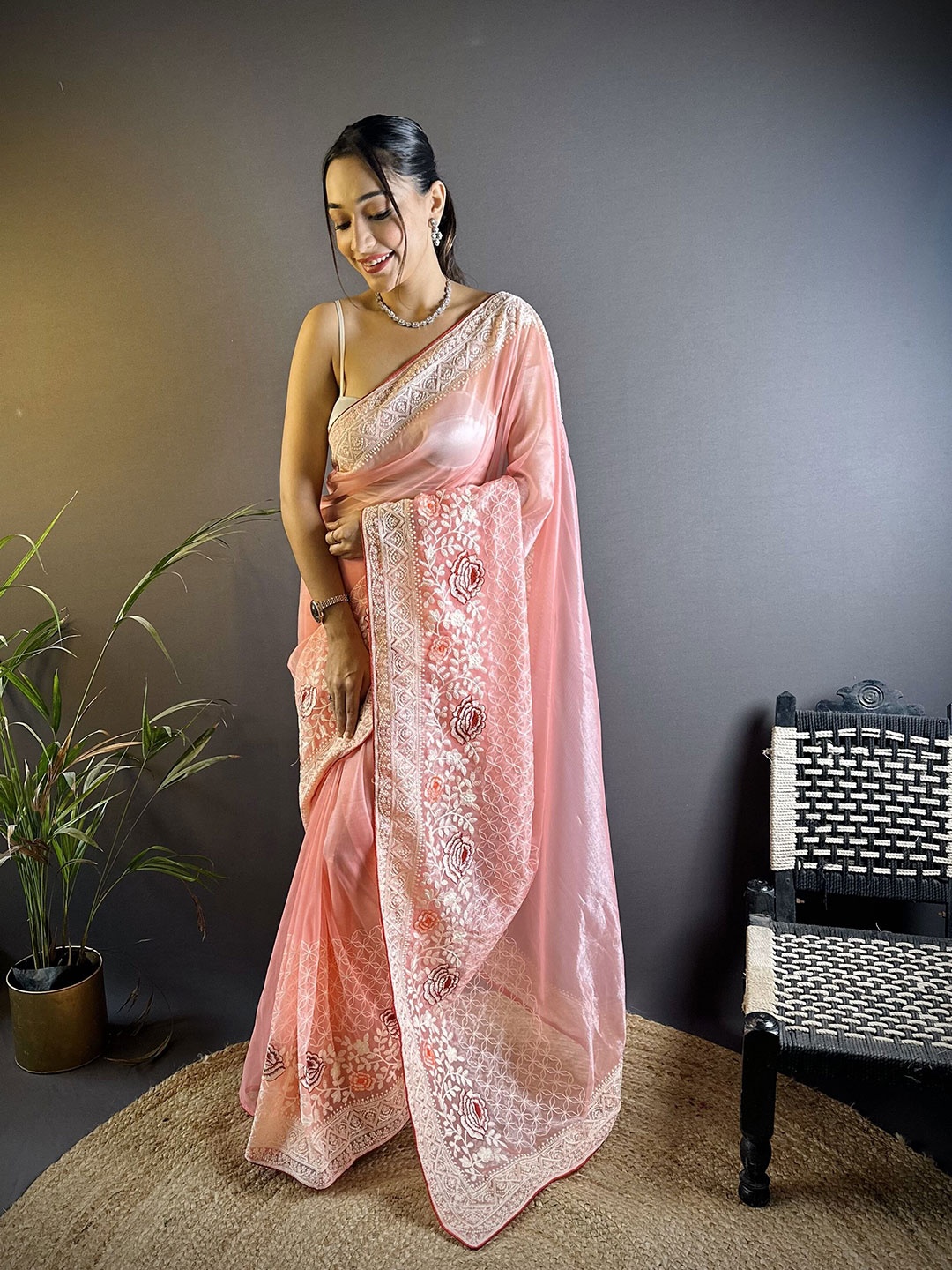 

NIWAA Floral Embroidered Organza Saree, Peach