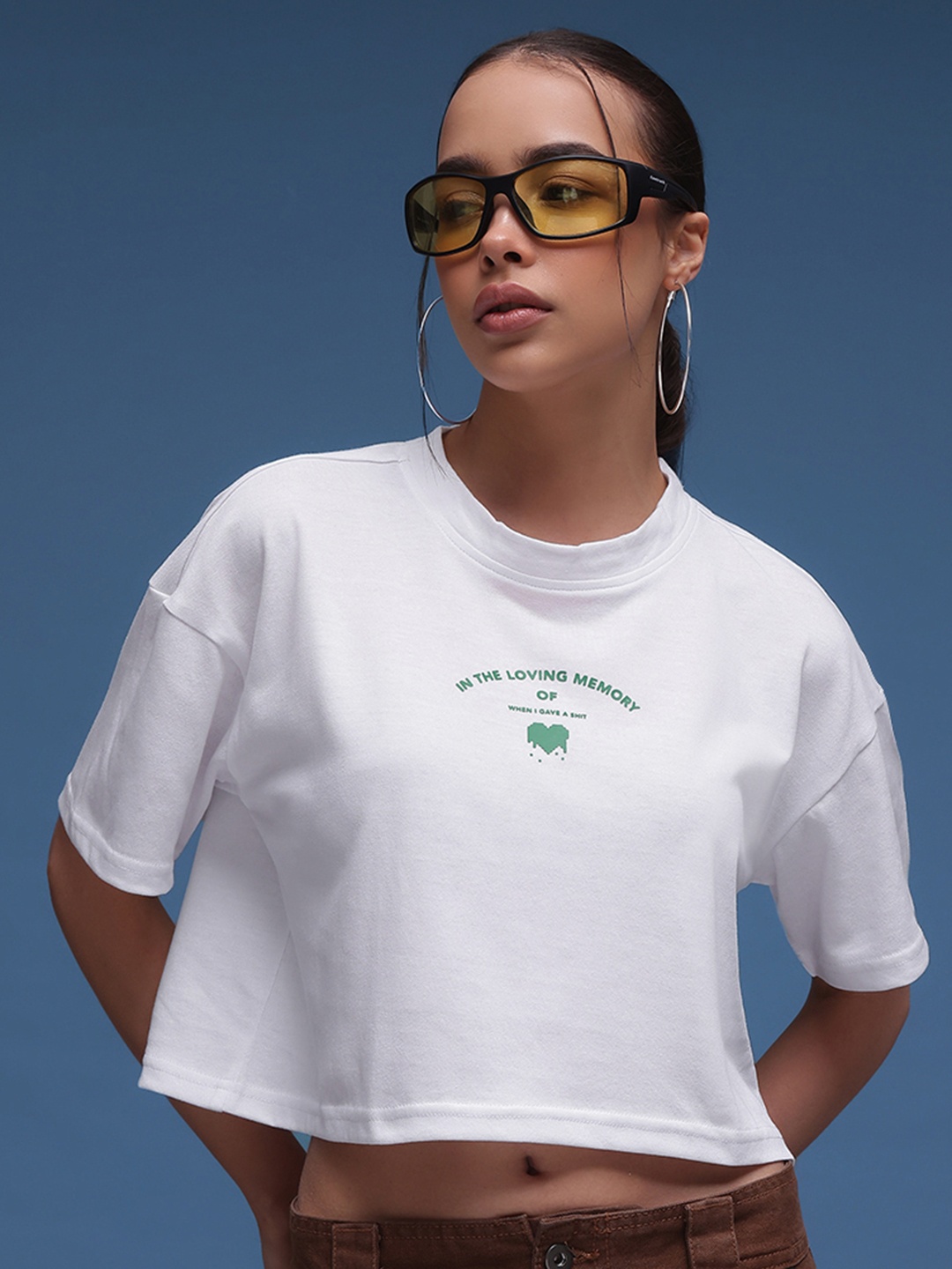 

glitchez Miniature Prints Drop-Shoulder Sleeves Pure Cotton Crop Boxy T-shirt, White
