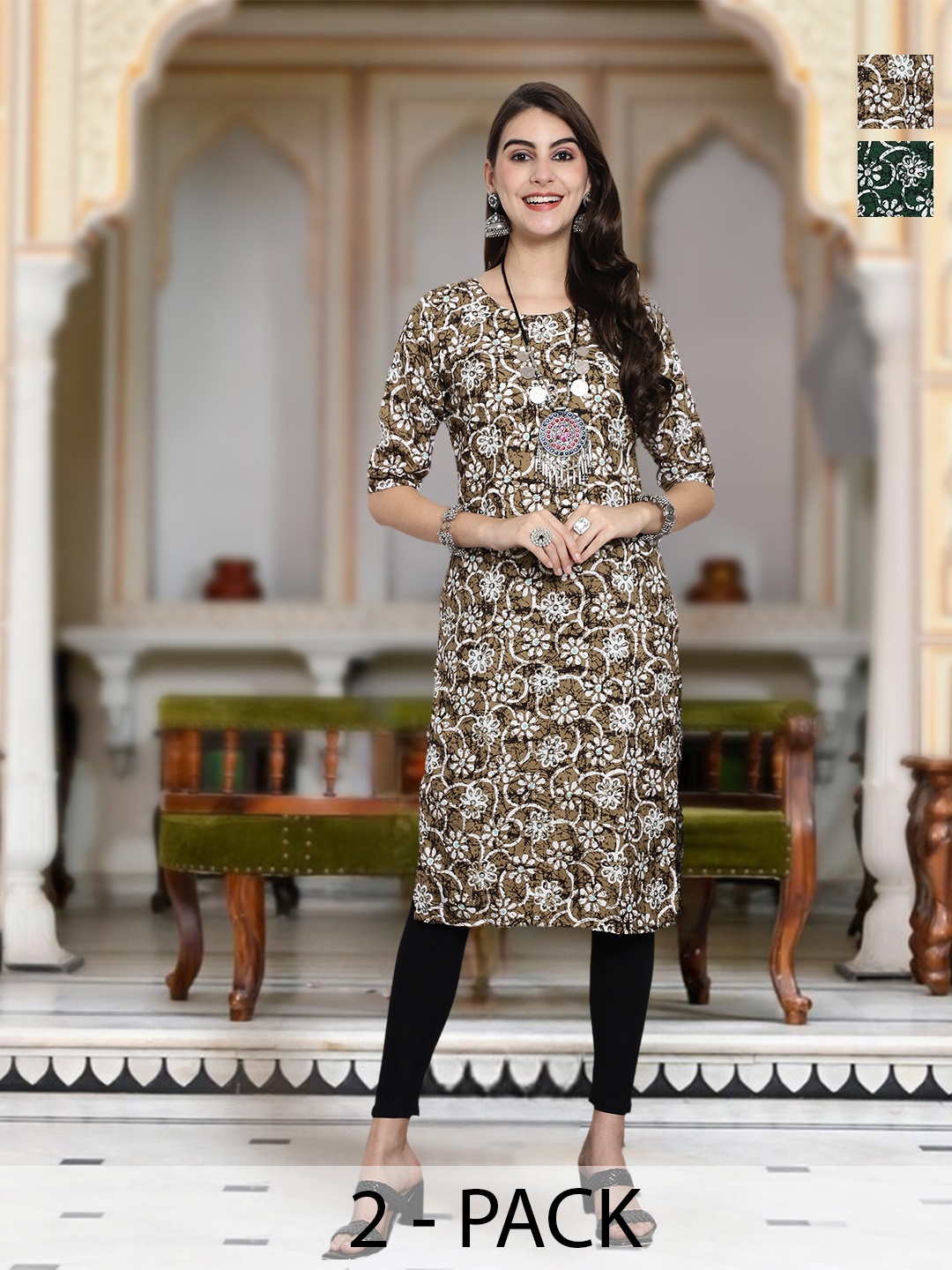 

Moda Rapido Selection Of 2 Floral Printed Round Neck Straight Kurta, Brown