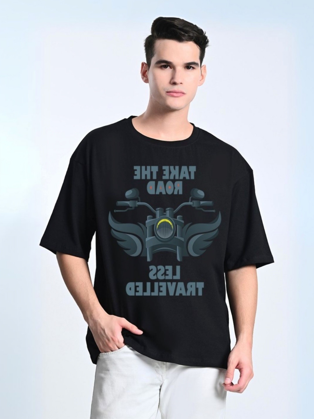 

OWL MINK Men Printed Drop-Shoulder Sleeves Pure Cotton Applique T-shirt, Black
