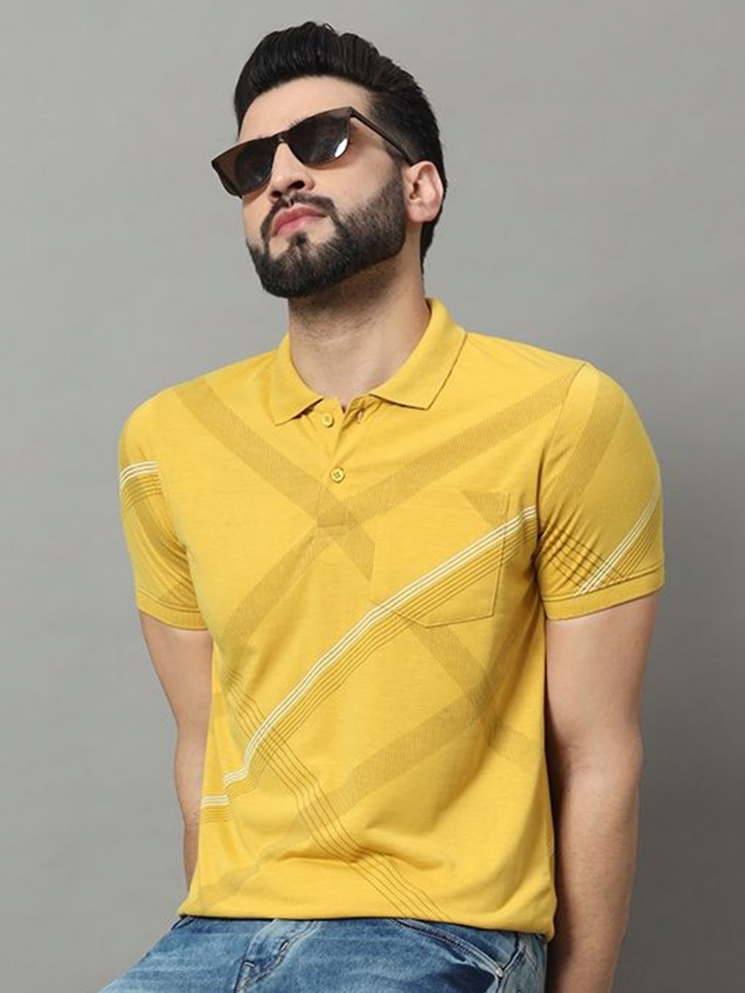 

OGEN Men Printed Polo Collar Pockets T-shirt, Mustard