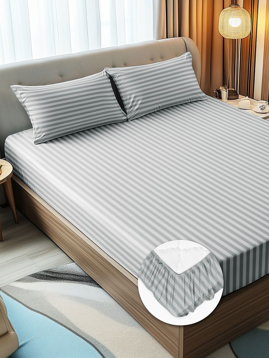 

Story@home Light Grey Striped Microfiber 300 TC Queen Fitted Bedsheet Set-2.20mX2.40m, Grey melange