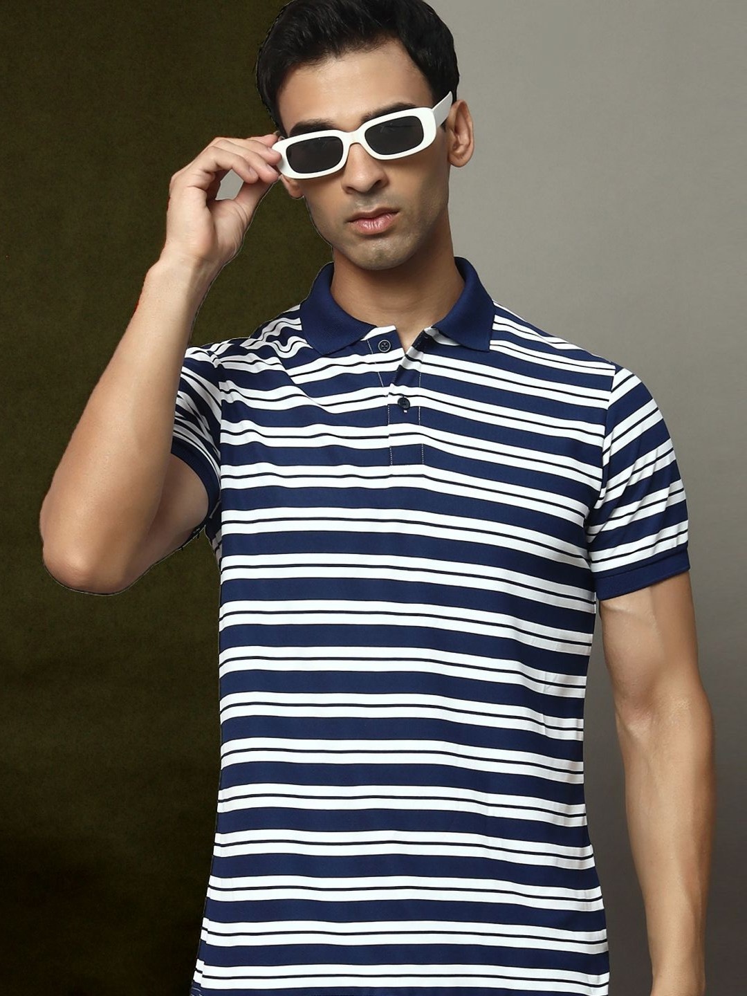 

OGEN Men Striped Polo Collar Pockets T-shirt, Navy blue