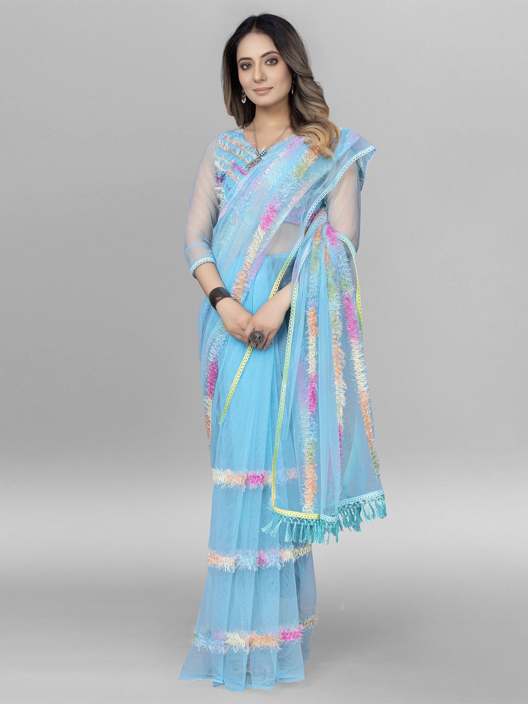 

Aika Striped Net Saree, Turquoise blue