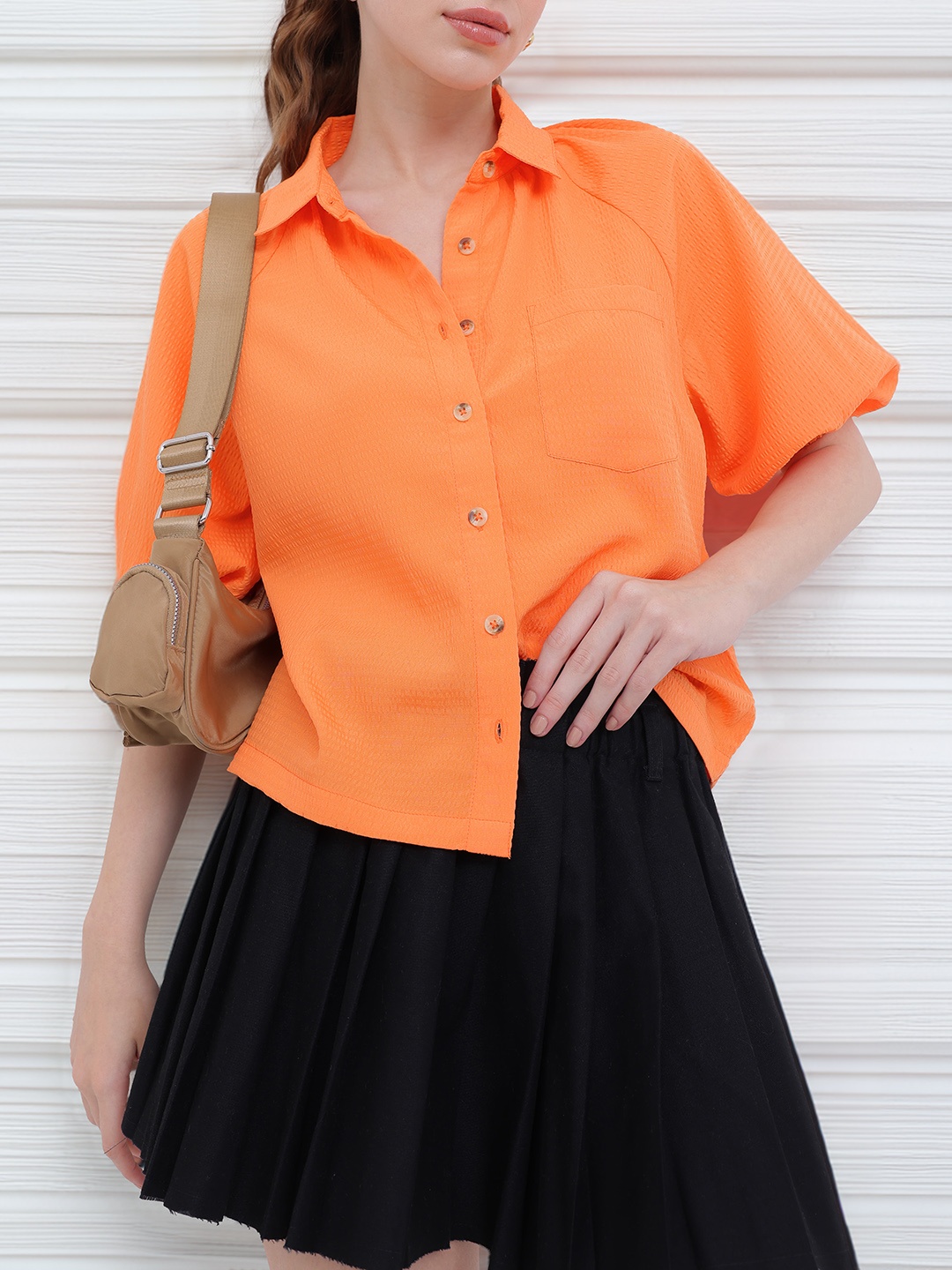 

DressBerry Let Your Soul Glow Seersucker Relaxed Fit Shirt, Orange