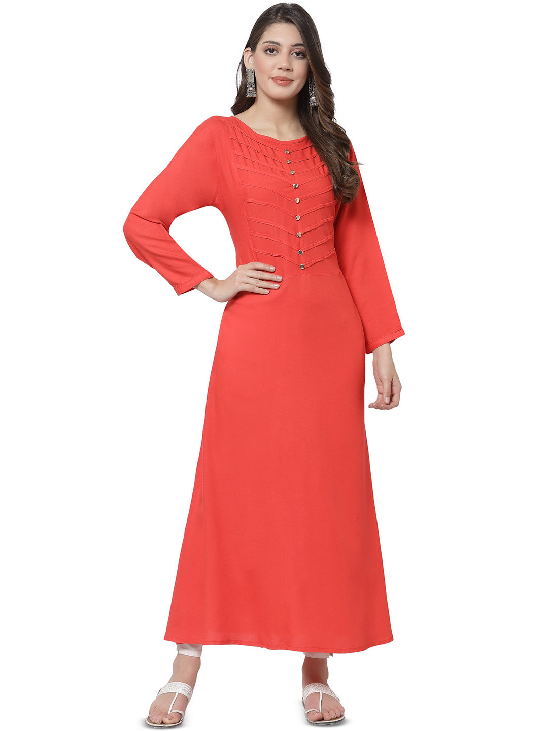 

DELIS Yoke Design Round Neck Cotton A-Line Kurta, Coral