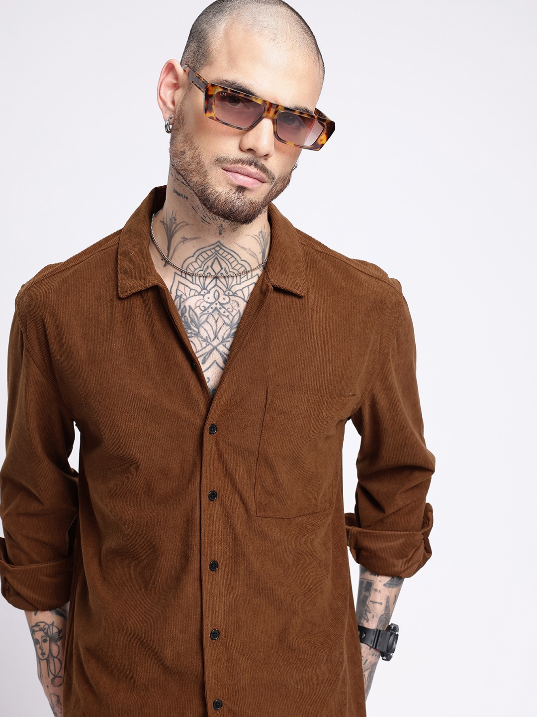 

glitchez Cool Vibe Corduroy Oversized Fit Shirt, Brown