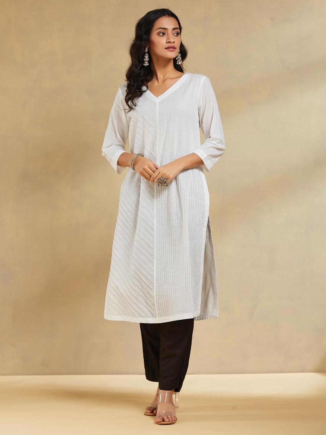 

Fabindia Striped V-Neck Cotton Straight Kurta, White
