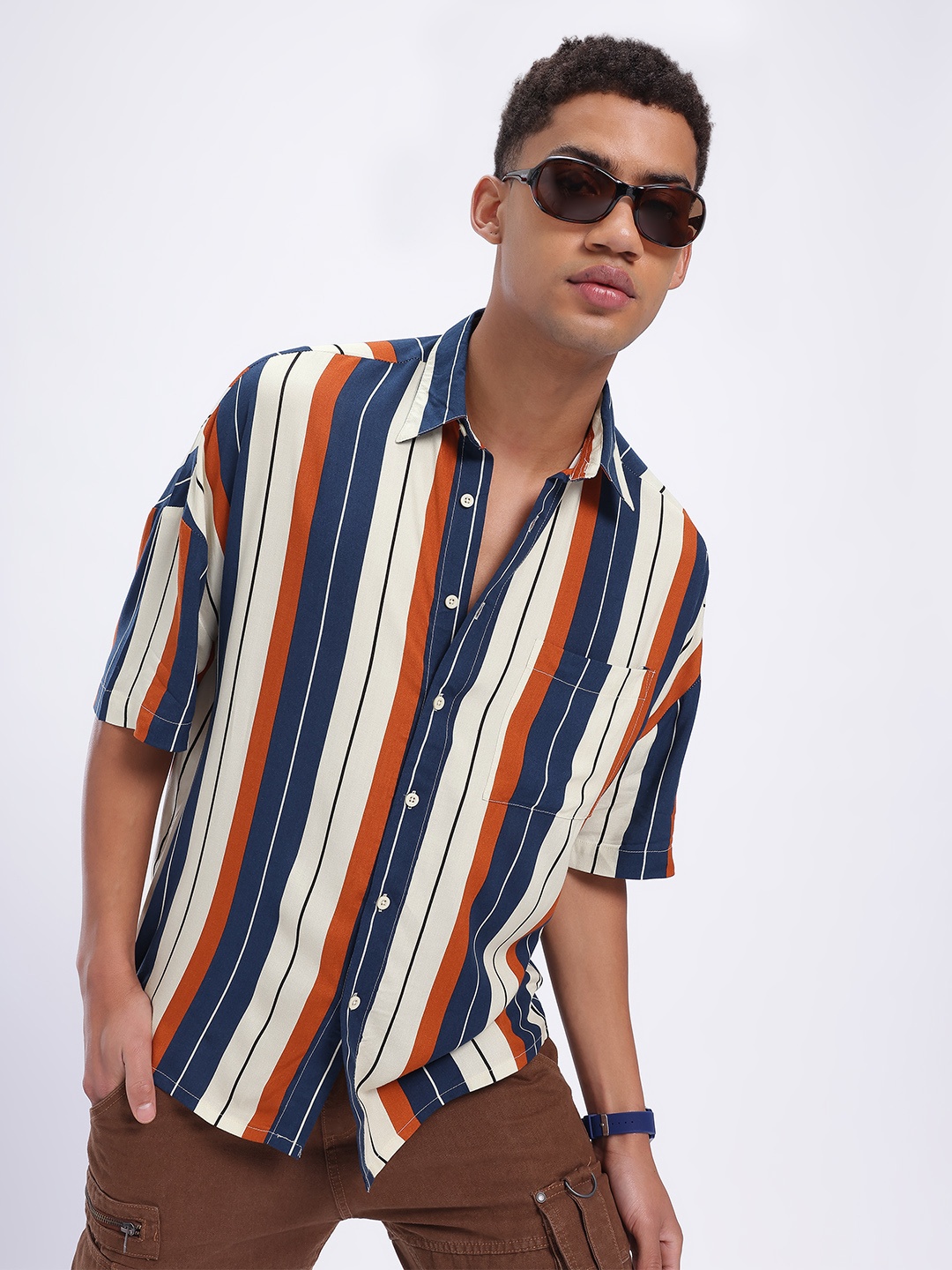 

glitchez Adventurous Attire Multistriped Relaxed Fit Shirt, Cream