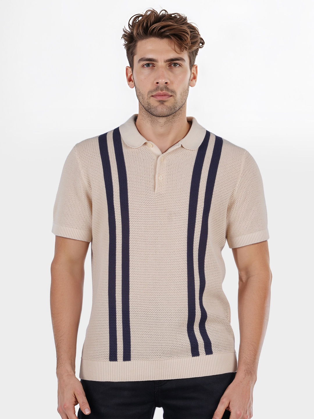 

Celio Men Striped Polo Collar Raw Edge T-shirt, Beige