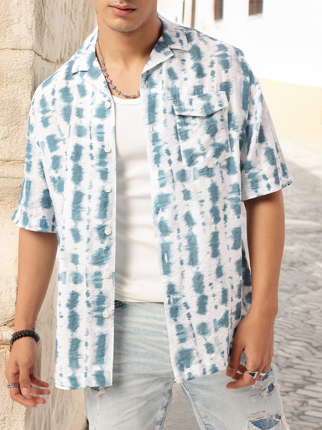 

Kook N Keech Stylish Resort Vibe Abstract Printed Cuban Collar Oversized Shirt, Blue
