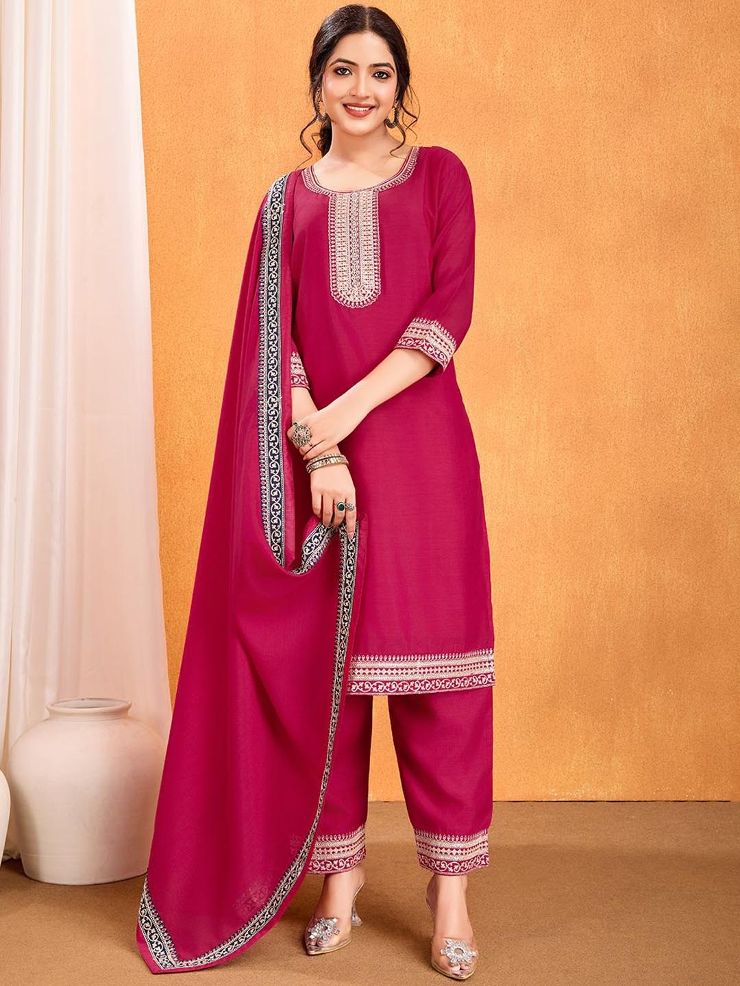 

Rujave Women Regular Thread Work Kurta with Trousers & With Dupatta, Pink