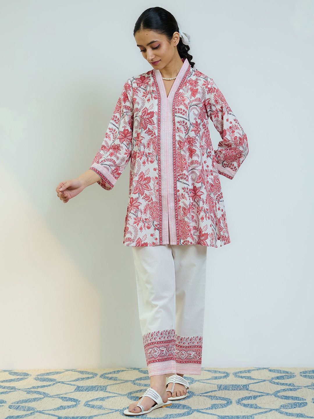 

Rustorange Sanganeri Floral Printed Pure Cotton Tunic & Trouser, Red