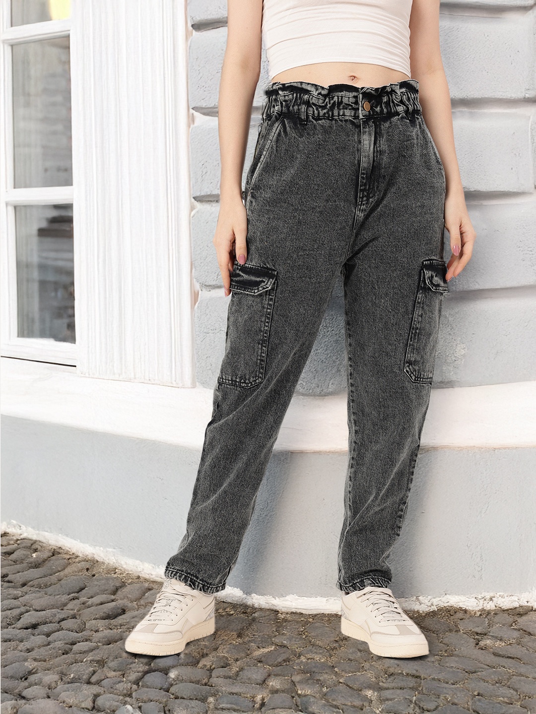

DressBerry Women Urban Indie Straight Fit Heavy Fade Cargo Jeans, Grey
