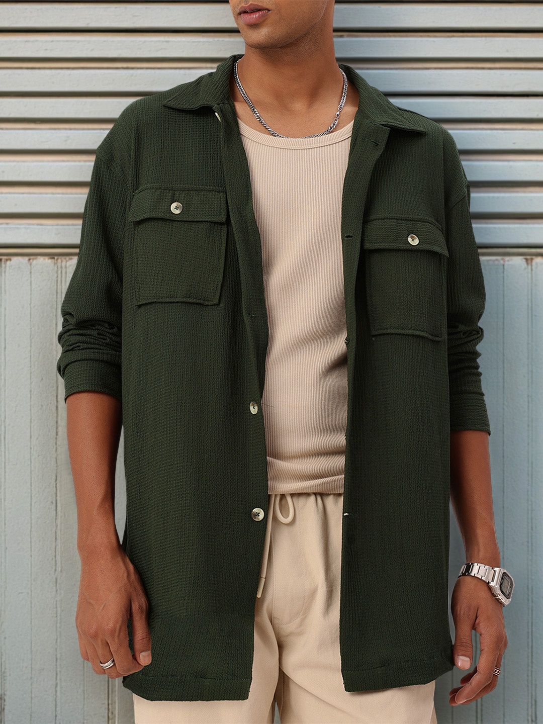 

Kook N Keech Urban Utility Textured Relaxed Fit Shirt, Olive